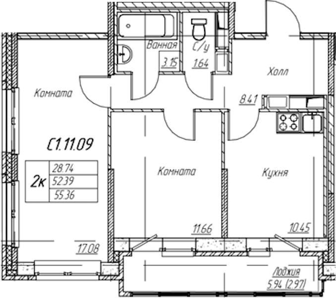 2-комнатная квартира 55.36 м², 11/22 эт., ЖК «Парк-квартал Юнтолово»
